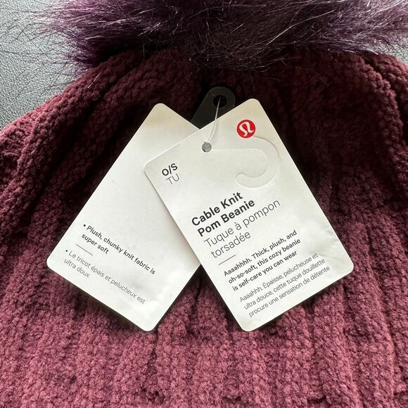 NWT Lululemon Cable Knit Pom Beanie Burgundy Cassis Nylon Blend – One Size - Picture 7 of 8